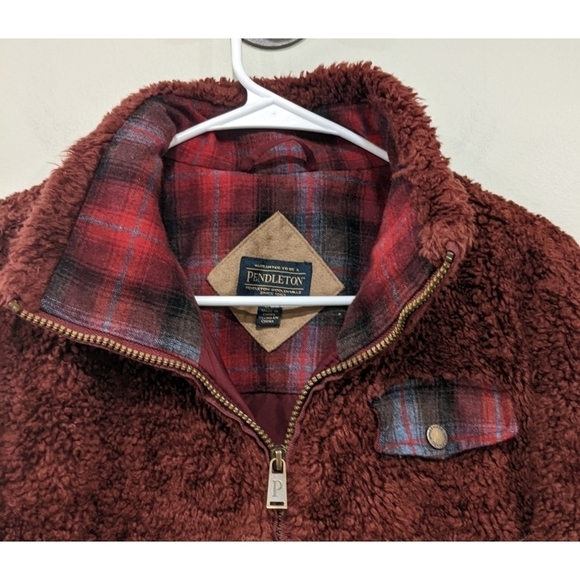Pendleton Shaggy Fleece Full Zip Jacket Plaid Collar Detail Size Small - Picture 2 of 7